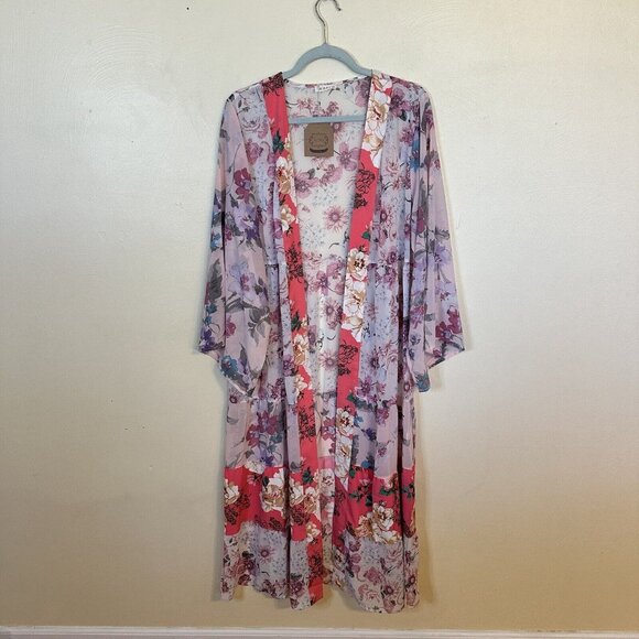 Kori Womens Pink Floral Kimono Maxi Open Front Dress Cover Up Top NWT Large - Picture 2 of 11